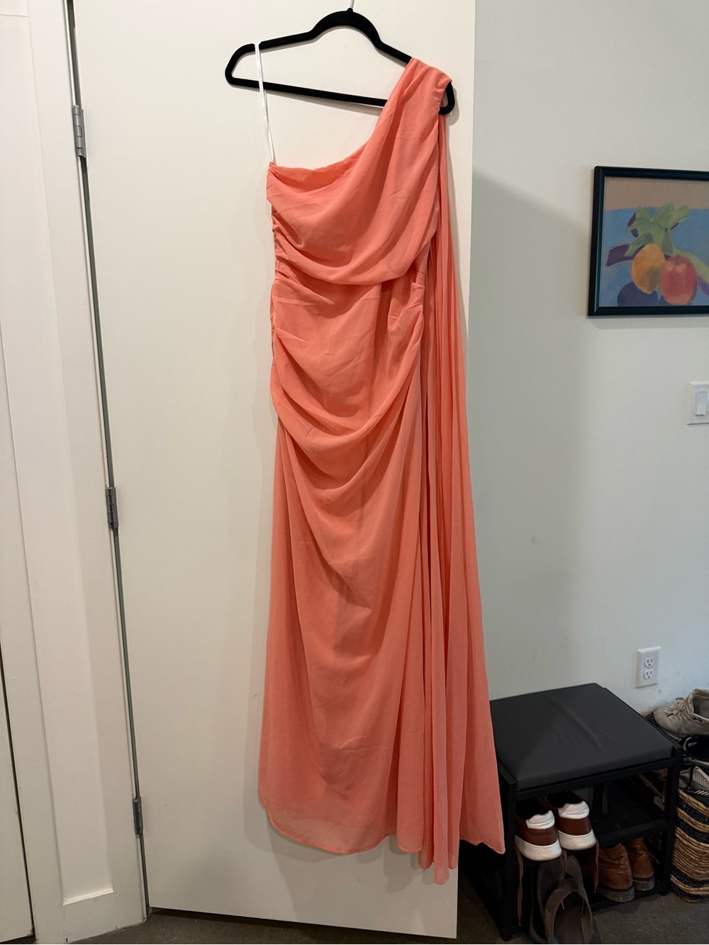 One-Shoulder Coral Dress with Draped Chiffon